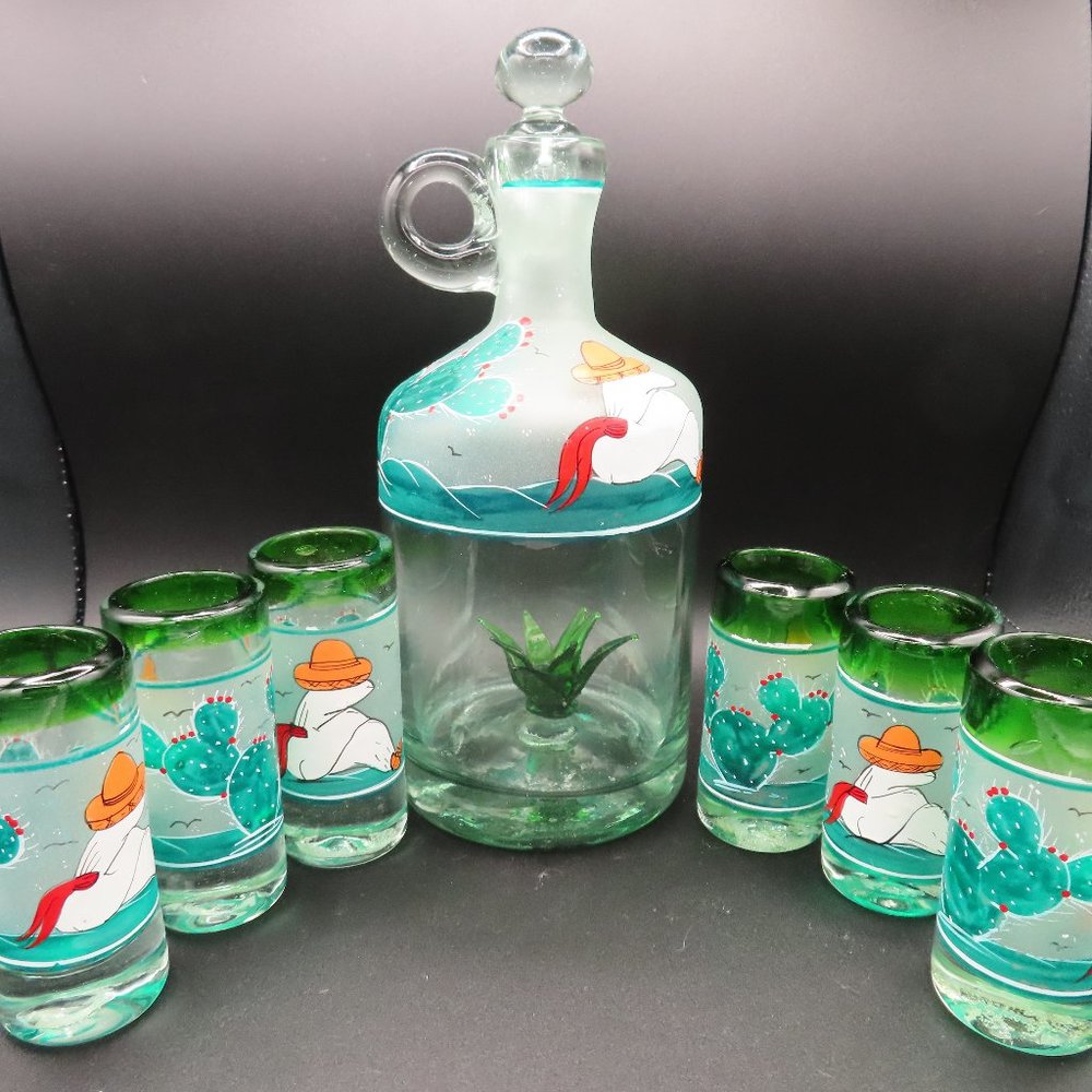 Set of 7,Mexican Hand Blown Frosted Tequila Bottle & 6 Shot Glasses Hand Painted